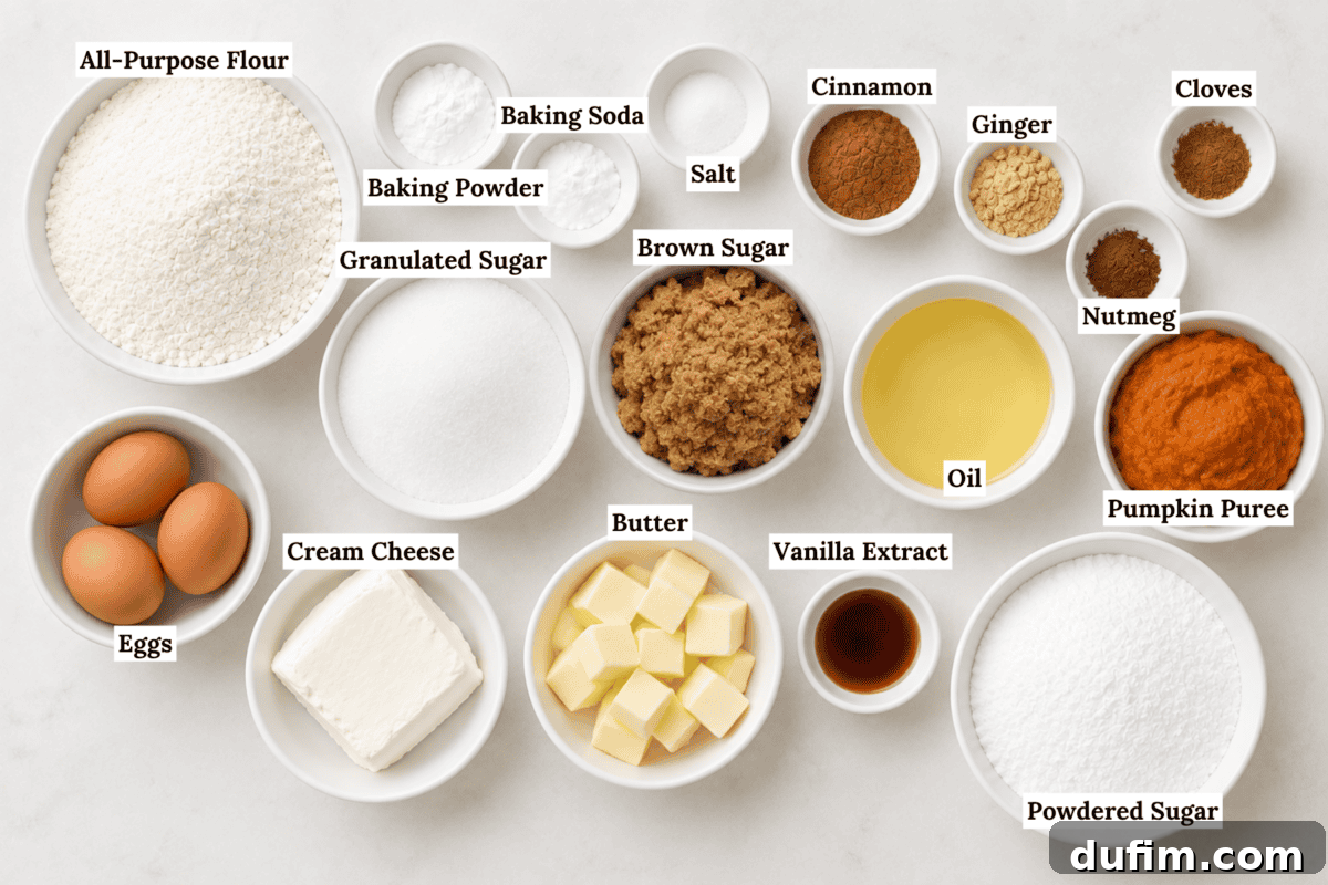 Baking ingredients in bowls labeled: all-purpose flour, baking powder, baking soda, salt, granulated sugar, brown sugar, cinnamon, ginger, cloves, nutmeg, pumpkin puree, eggs, cream cheese, butter, oil, vanilla, powdered sugar.